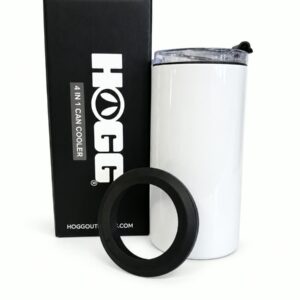 White 4-in-1 can cooler with clear lid and adapter ring beside its gift box