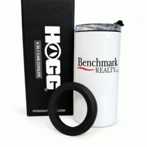 4-in-1 can cooler personalized with a Benchmark Realty logo