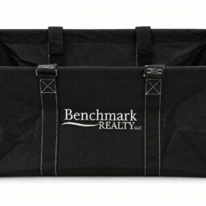 Black collapsible utility tote with a Benchmark Realty logo