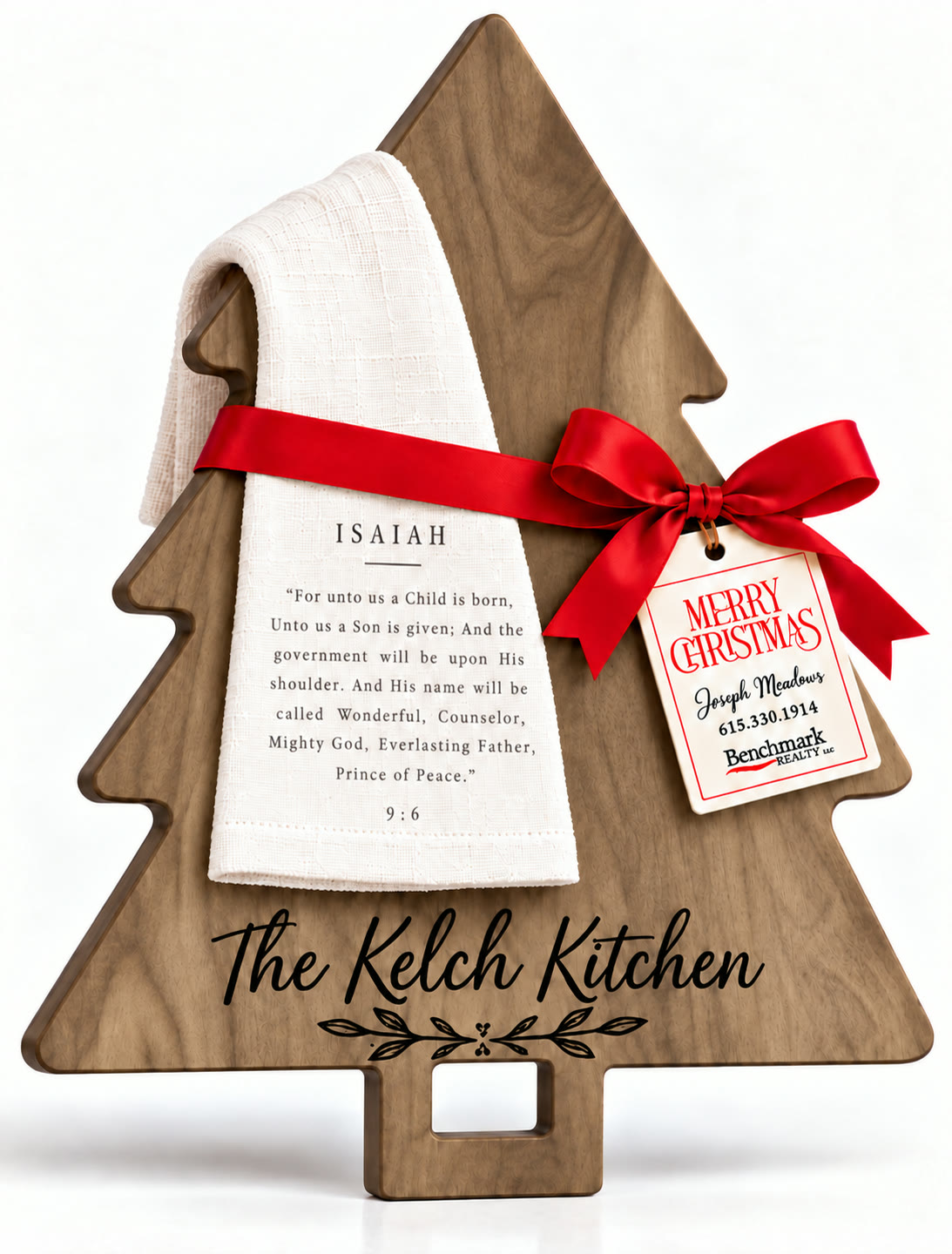 Tree-shaped engraved board with a kitchen towel in the Isaiah 9:6 design