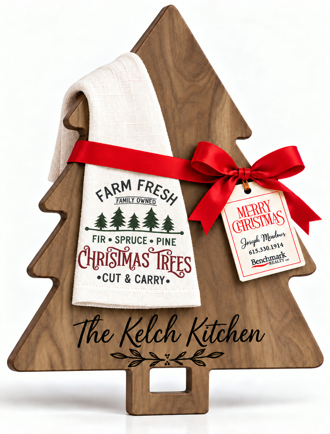 Tree-shaped engraved board with a kitchen towel in the Christmas Tree Farm design