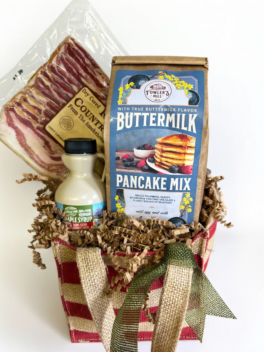 Christmas Morning Breakfast Basket with buttermilk pancake mix, maple syrup, and country bacon