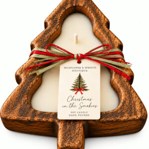 Tree-shaped wooden dough bowl candle with red and green ribbon and Christmas gift tag