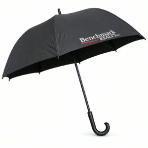 Classic black umbrella with a Benchmark Realty logo
