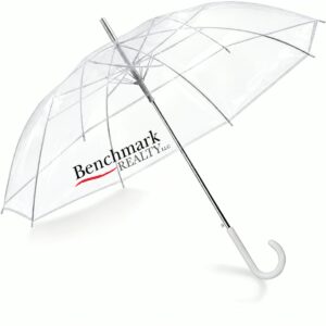 Classic clear umbrella with white handle and a Benchmark Realty logo