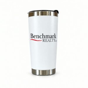 Classic white tumbler personalized with a Benchmark Realty logo