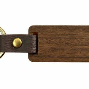 Classic wooden keychain with brown strap and brass-toned key ring