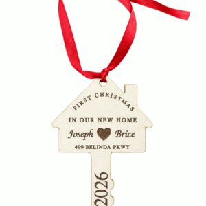 First Christmas in Our New Home house-and-key wooden ornament with names, address, and year