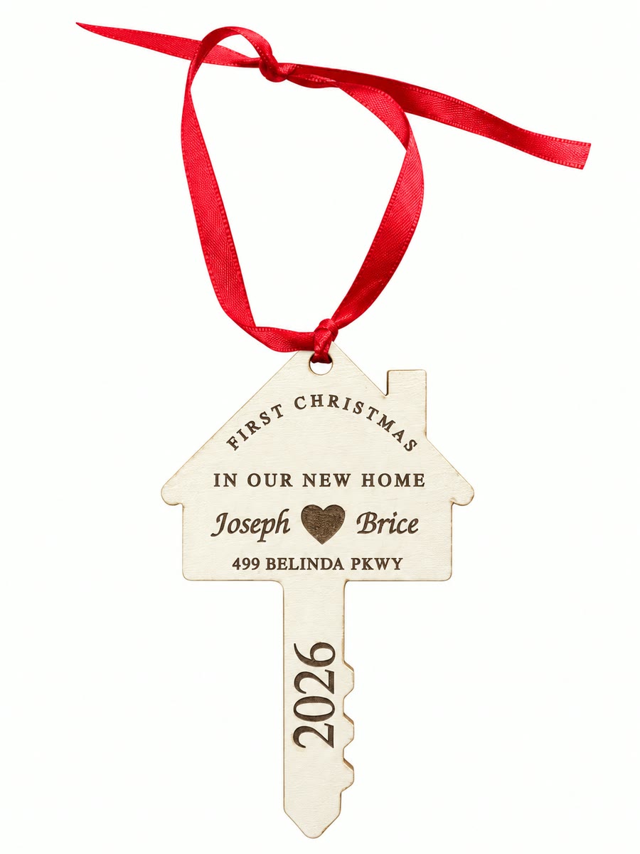 First Christmas in Our New Home house-and-key wooden ornament with names, address, and year