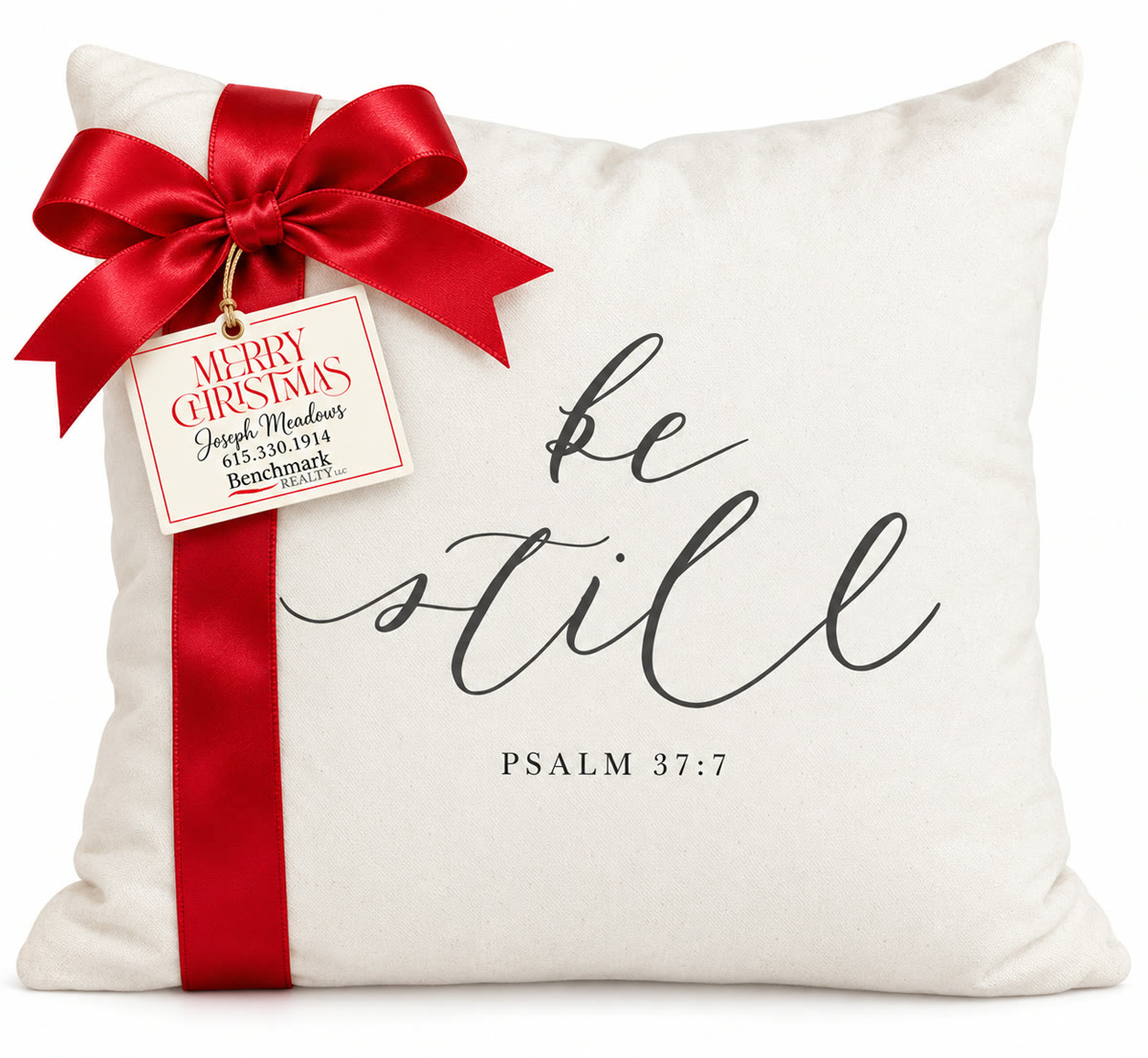 Cream pillow with Be Still script and Psalm 37:7