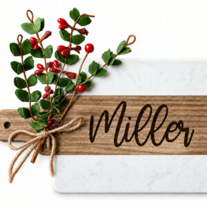 Marble and wood serving board with greenery, red berries, and a twine bow