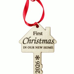 New Home Christmas key ornament with First Christmas in Our New Home wording and engraved year