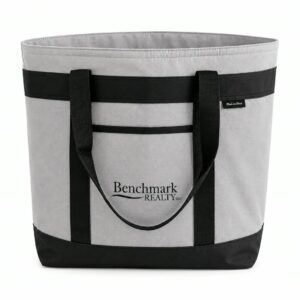 Premium two-tone insulated cooler tote bag with a Benchmark Realty logo