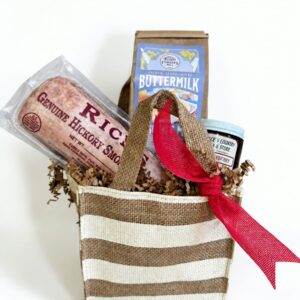 Southern Breakfast Gift Tote with biscuit mix, hickory smoked sausage, and fruit preserves in a striped tote