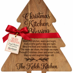Tree-shaped serving board engraved with a Christmas Kitchen Blessing and family name